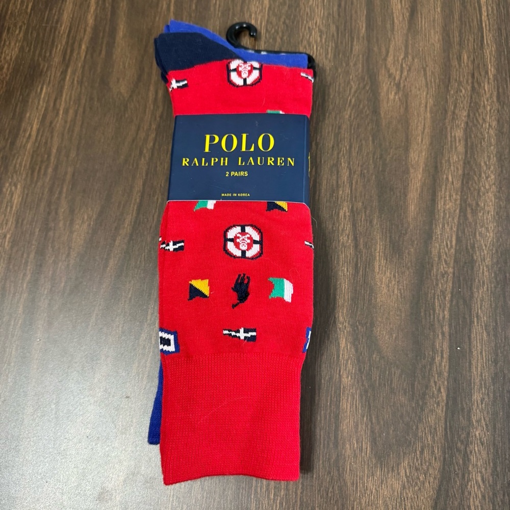 Polo Ralph Lauren 2 Pairs of‎ Socks Nautical Preppy Red Blue Shoe Sizes 6-12.5
